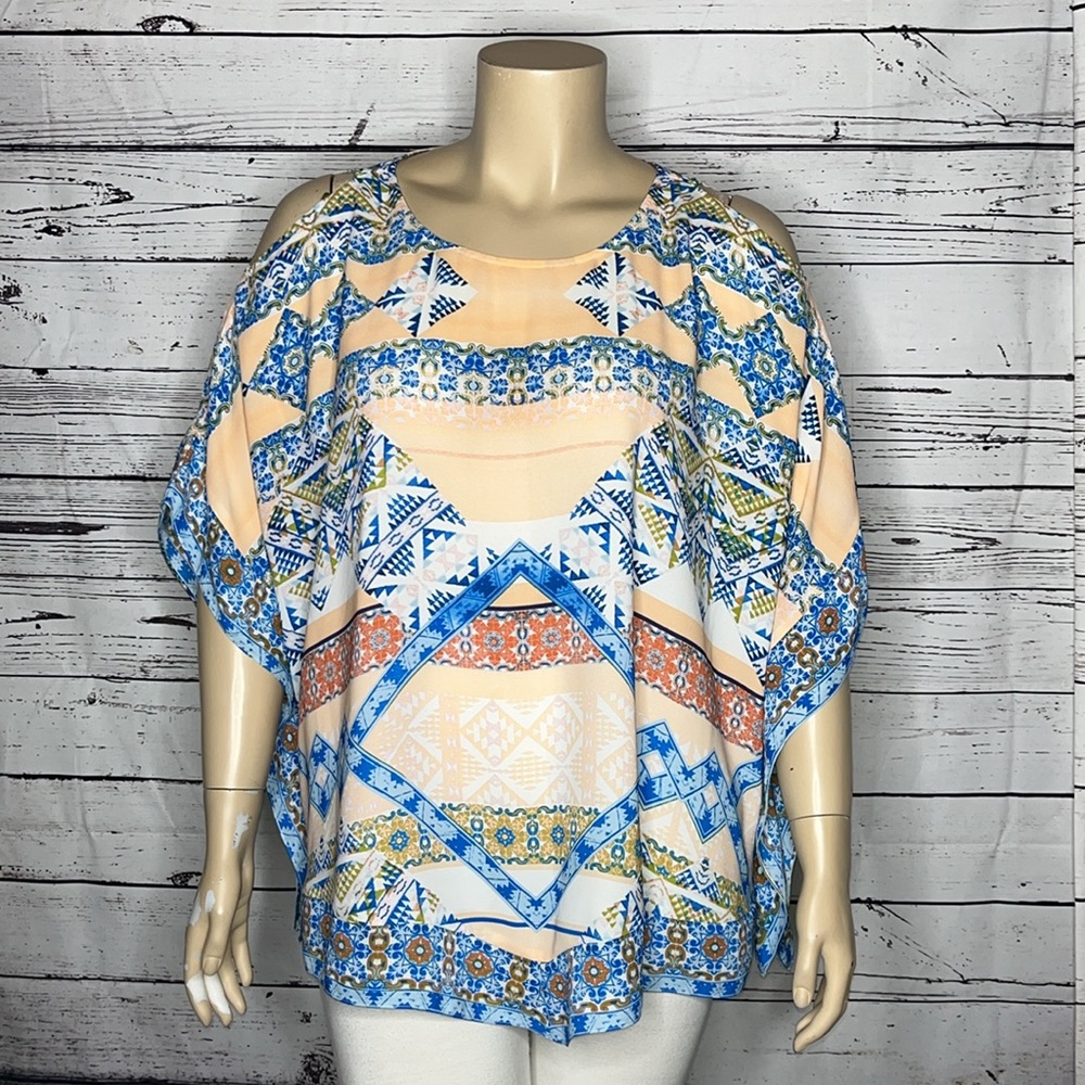 Harper & Liv Size 3X Pink & Blue Aztec Print Cold Shoulder Poncho Blouse Top